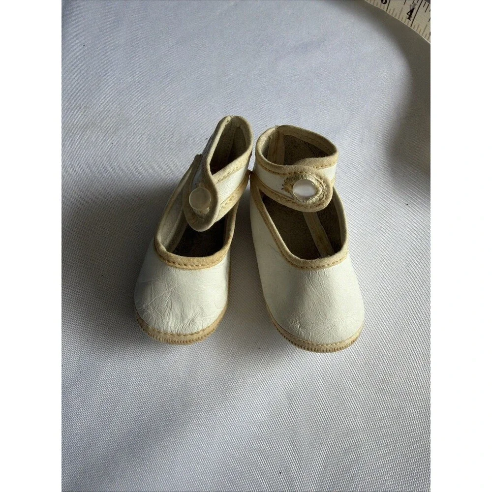 Vintage White Oilcloth Doll Shoes - Pearl Button Detail - Antique Fashion Doll